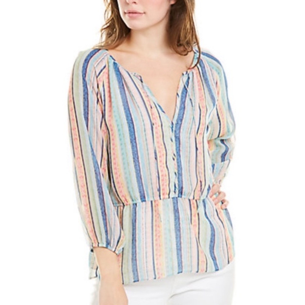 NWT ECRU Hayek Silk Moorish Light Aqua Blue Striped Tie Neck Top - S